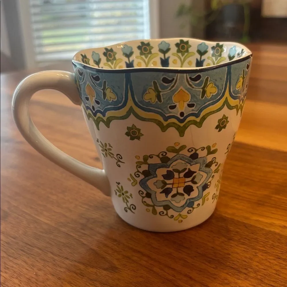 Pier 1 Imports Green Blue Floral Coffee Cocoa Mug 12 ounces